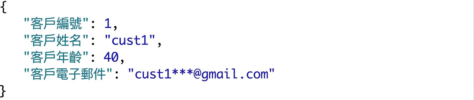 客戶 JSON 紀錄範例,包含 id、name、age、email