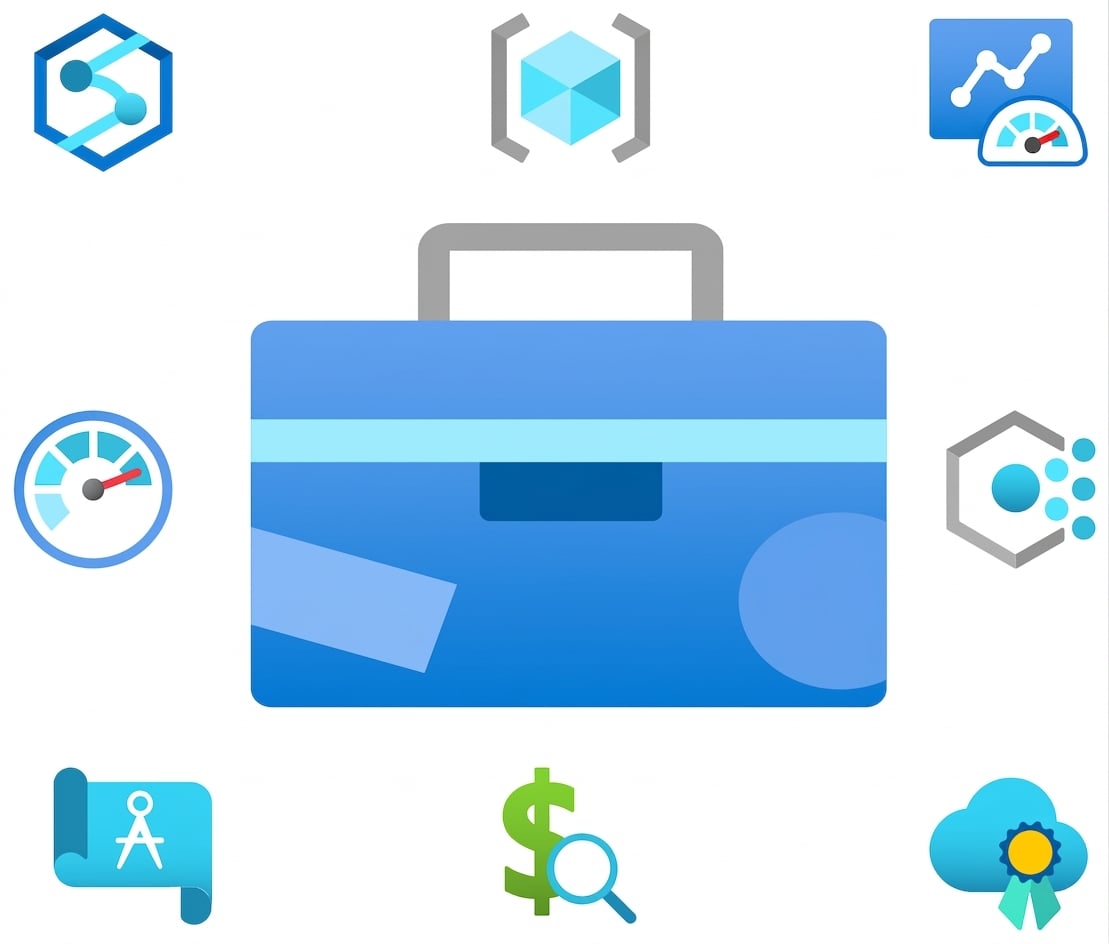 工具箱繪圖，周圍有各種 Microsoft Azure 圖示