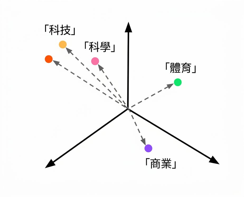在向量空間中的類別描述嵌入,並顯示未知向量。