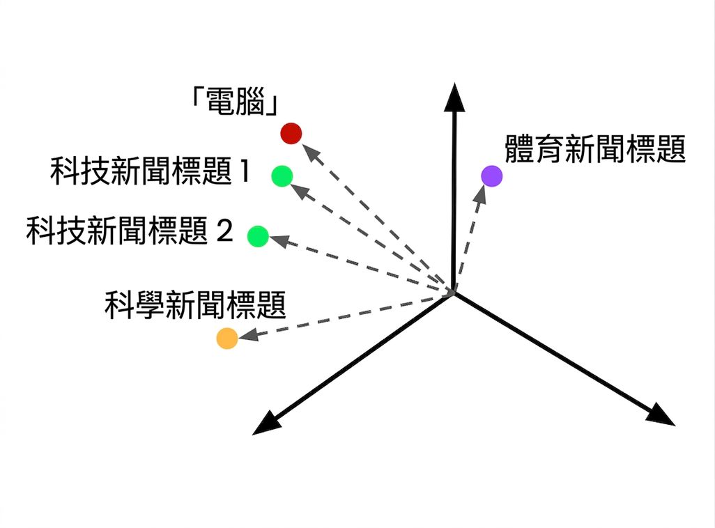 在向量空間中的嵌入式搜尋查詢，旁邊是多個不同主題的嵌入文章。