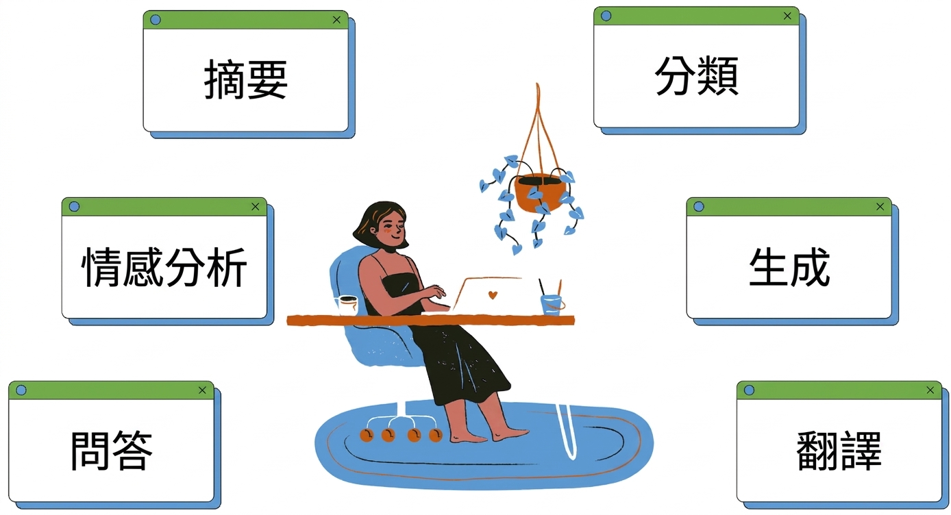 一個人坐在桌前，周圍有多項任務，示意文字生成與翻譯