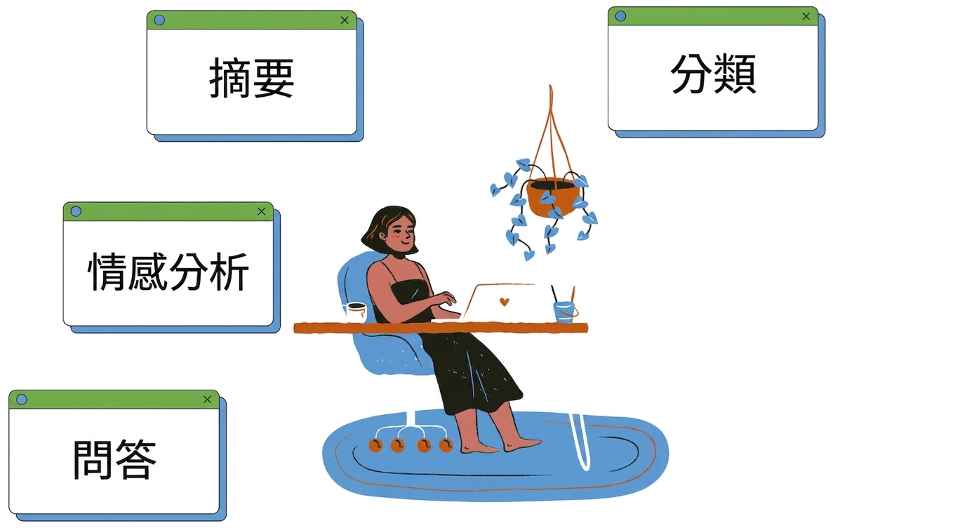 一個人坐在桌前，周圍有多項任務，示意文字分類、摘要、情感分析與問答