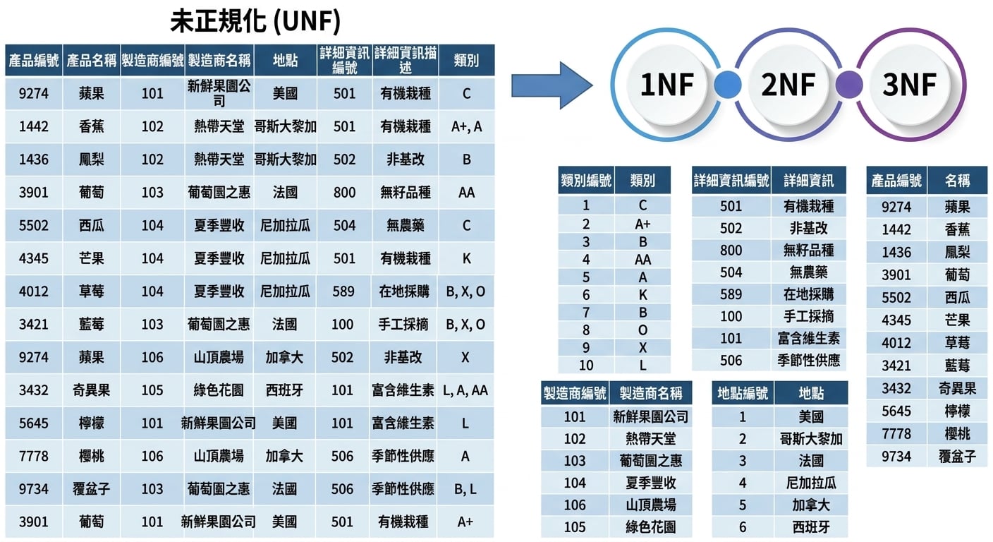 所有產品資料,從 UNF 到 3NF