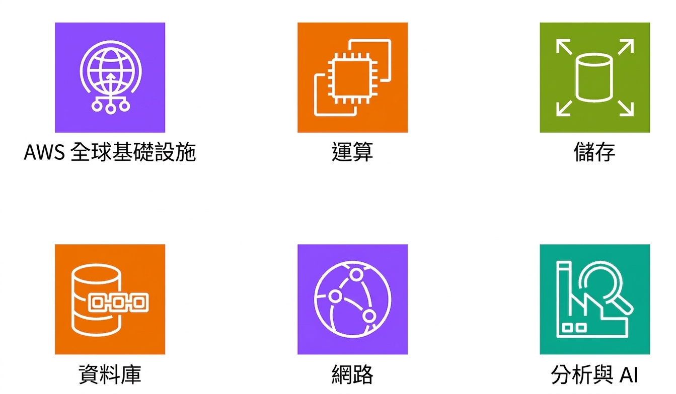 多個圖示,顯示核心 AWS 服務。