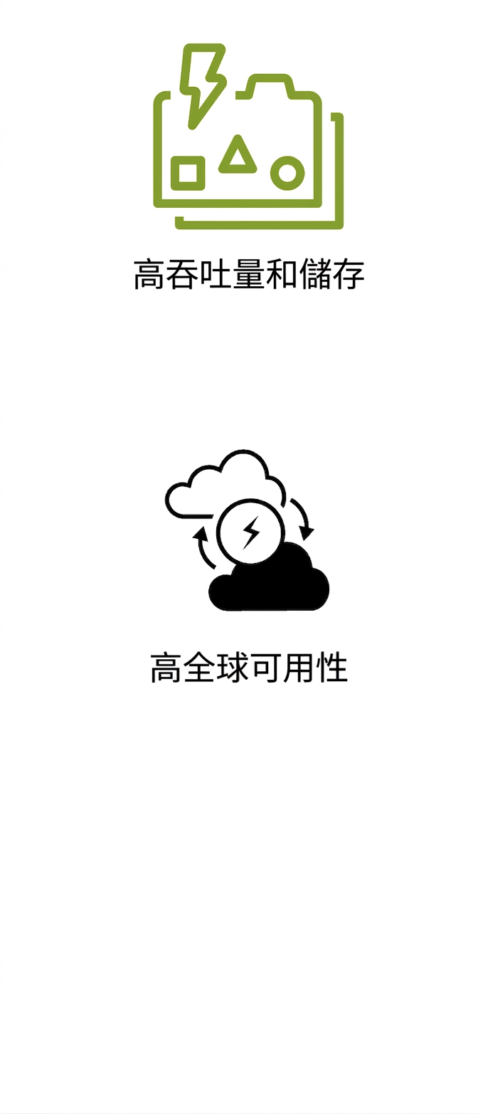 顯示高輸送量與儲存、以及高全球可用性的圖示。