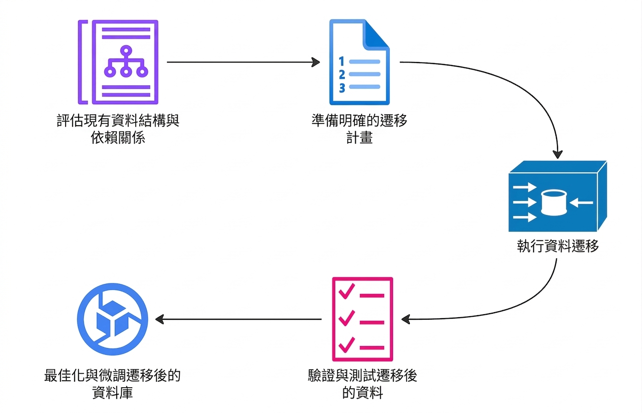 一張流程圖,說明資料移轉專案的步驟。