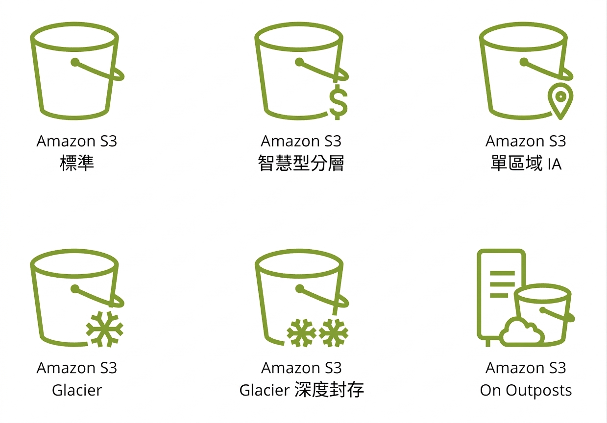 六個圖示,代表 S3 提供的六種儲存等級。