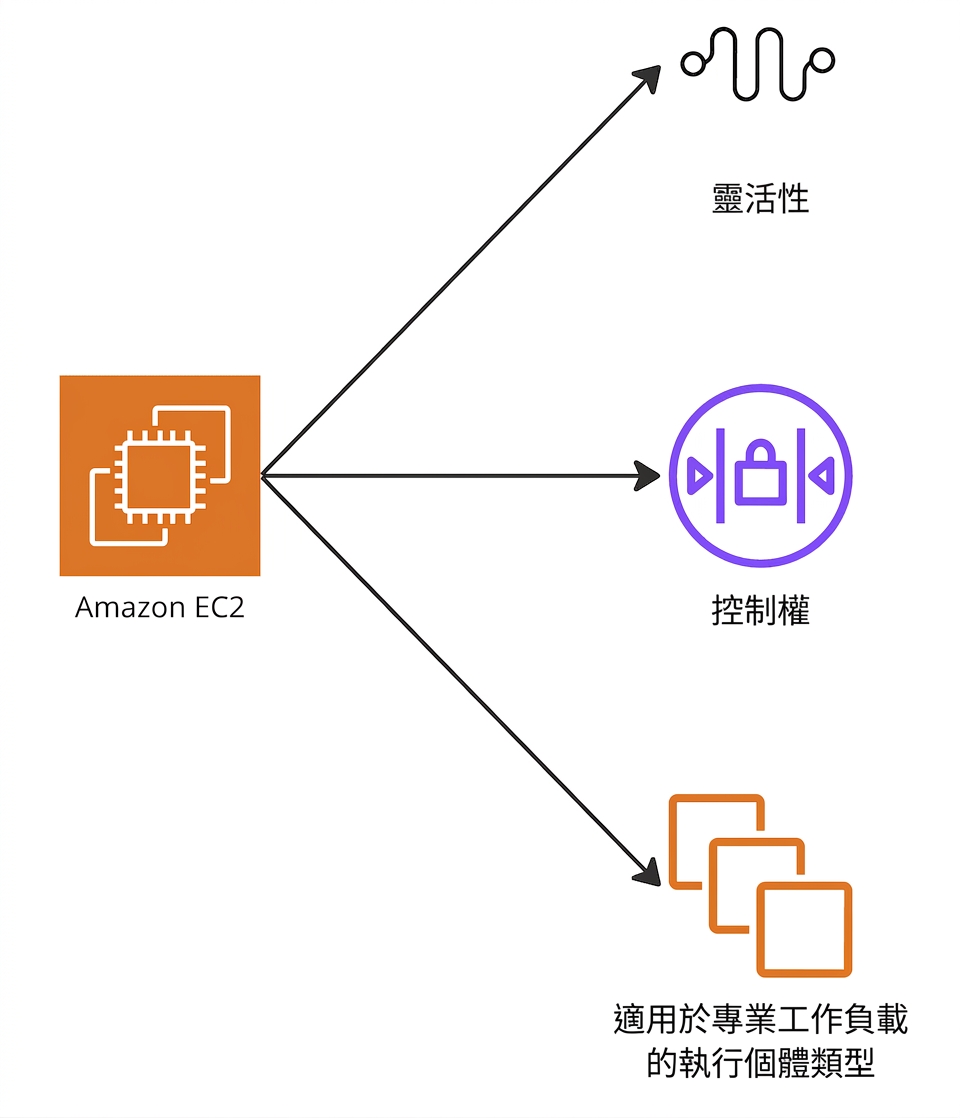 一張分支圖,強調 EC2 的彈性、控制,以及特殊執行個體類型。