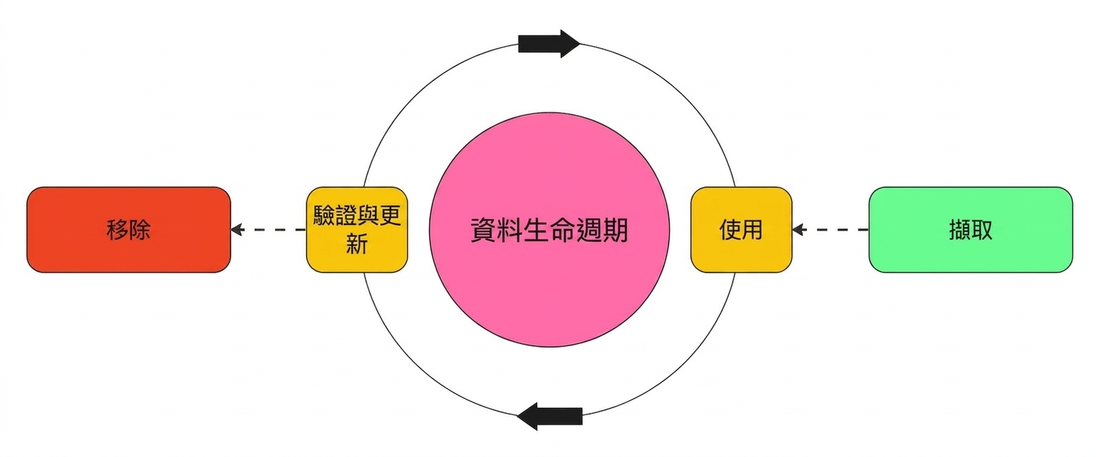 資料從擷取、使用、驗證,到更新或移除的生命週期。