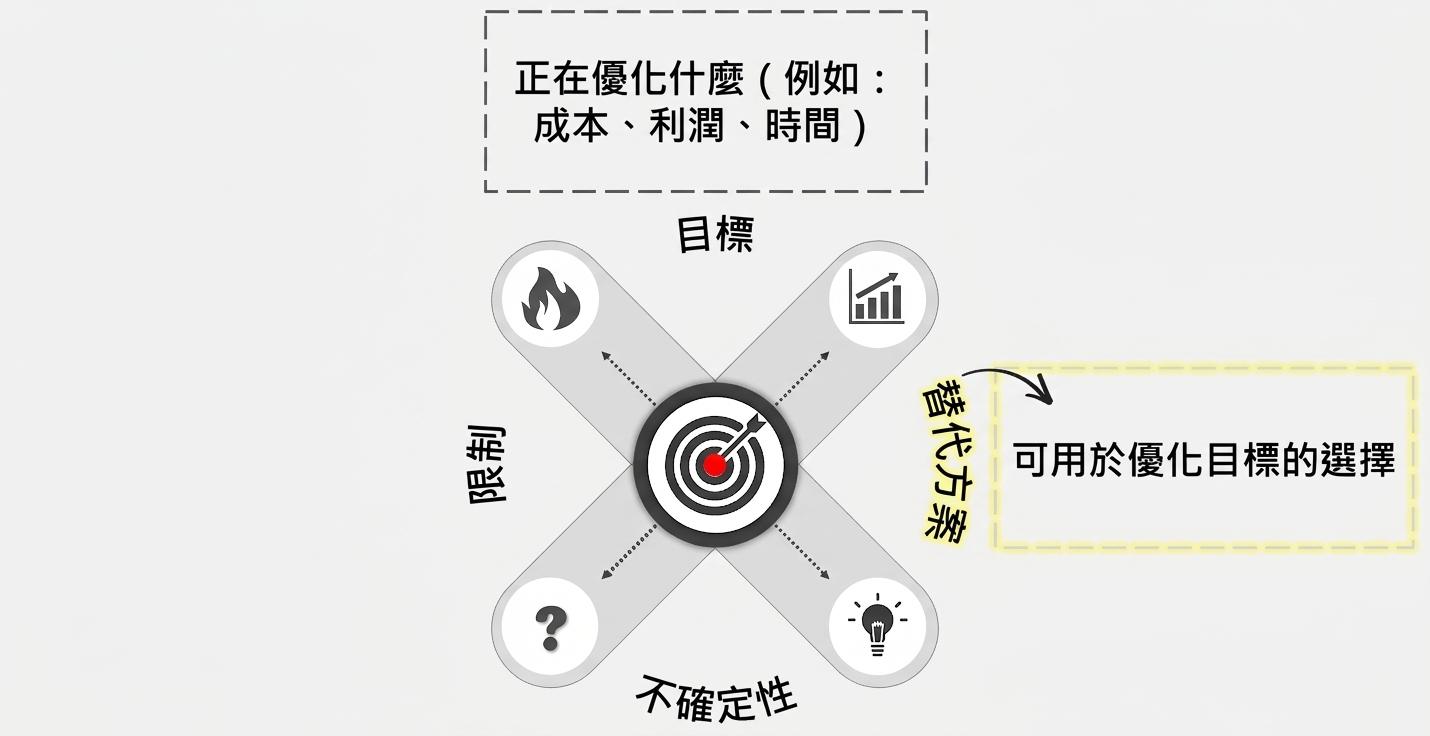 以目標靶為中心的決策圖。四支箭頭往外指向四個方向,指向「Alternatives」的箭頭以黃色突顯