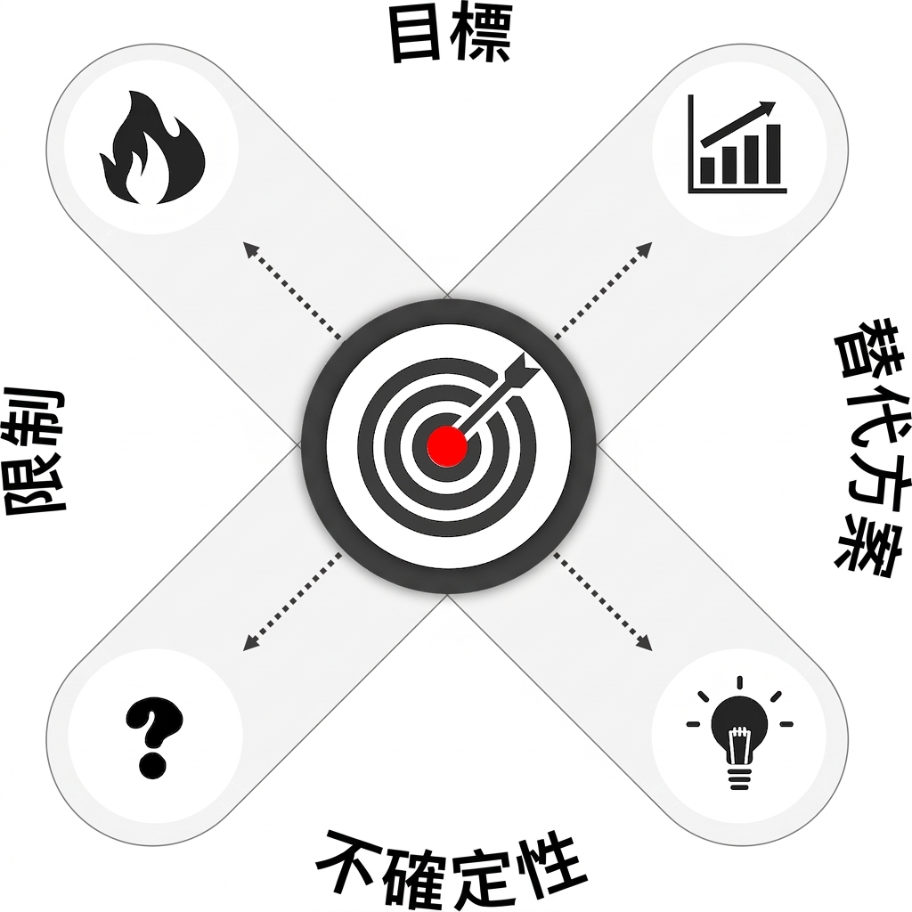 一個以靶心為中心的圖,代表決策。四個箭頭由靶心向外,分別通往目標、方案、限制與不確定性的標籤與圖示