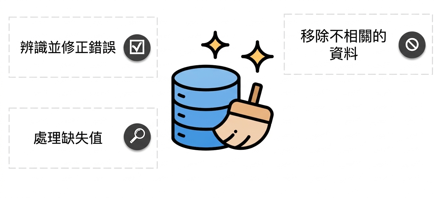 藍色圓柱形資料庫圖示,旁邊有清潔刷