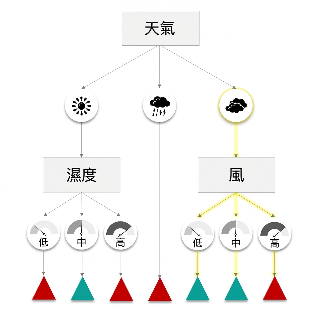 多雲圖示被標示,黃色路徑通往標籤 wind,再分成 low、medium、high,分別導向理想、理想與不理想的結果