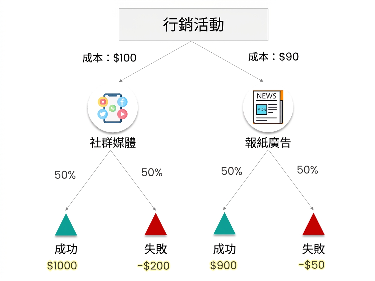 決策樹:行銷活動為根節點,替代方案為社群媒體與報紙廣告。各結果的獲利或損失以黃色標示。