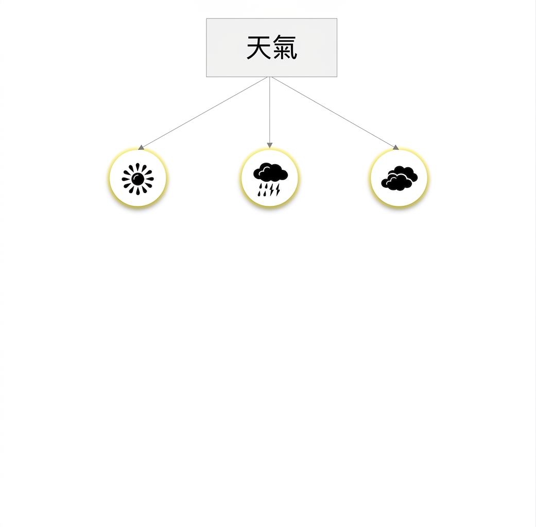 決策樹的頂層分支,節點為「Weather」,並有太陽、雨與雲的圖示