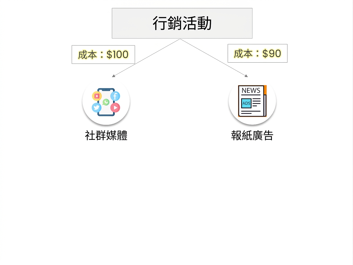 決策樹起點為行銷活動,社群媒體與報紙廣告為替代方案,且各自的成本標示為 $100