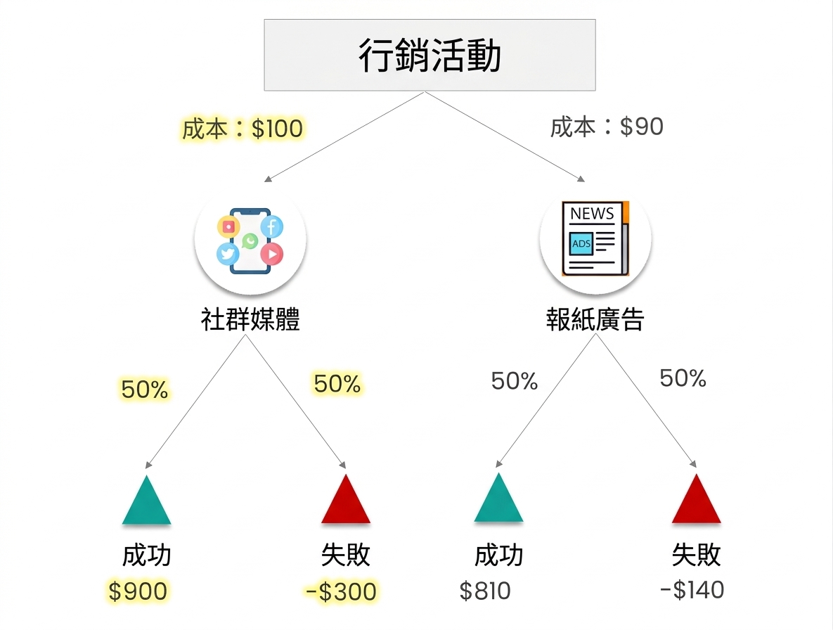 標示社群媒體方案的期望值計算為 $300