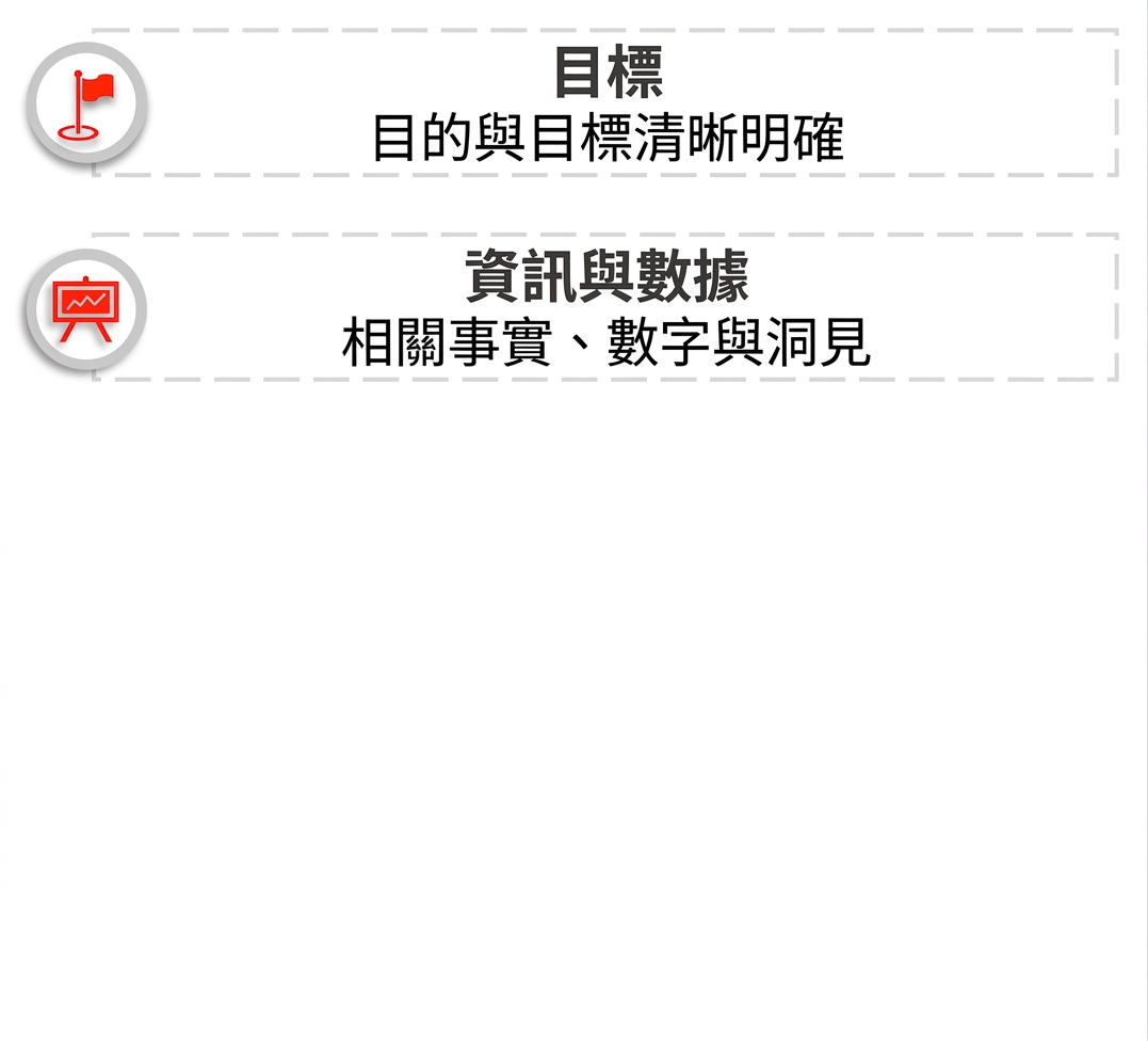 紅色簡報板含圖表圖示，旁有文字：『資訊與資料——相關事實、數字與洞見。