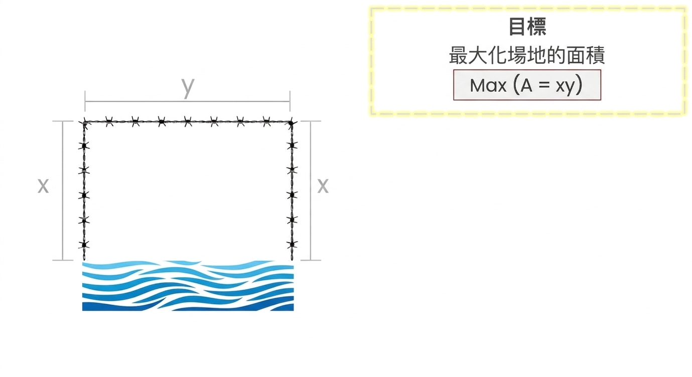 農夫長方形農地示意圖,側邊標記 x,上方標記 y
