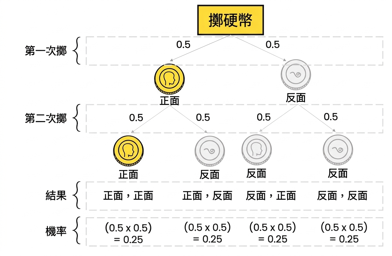 決策樹標示第一次擲出正面,以及第二次結果與其機率。