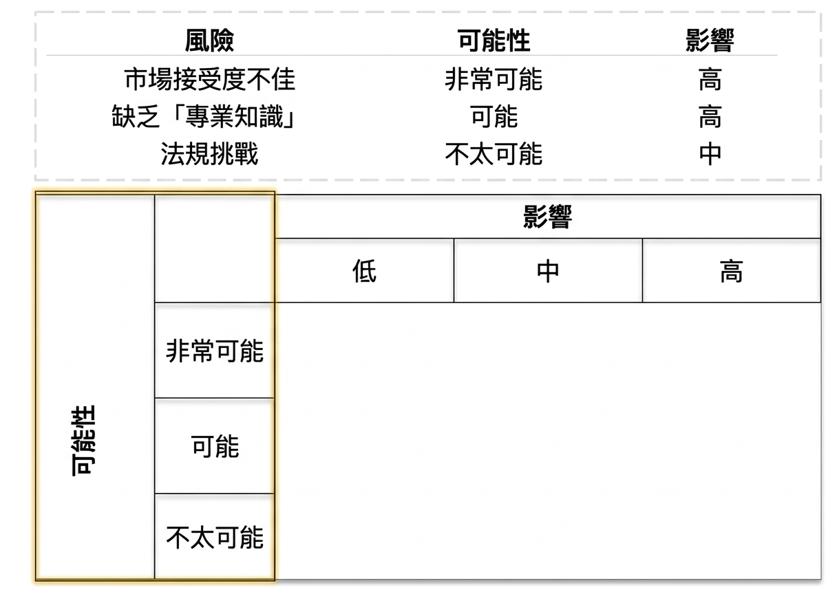 風險評估矩陣影像,「機率」欄中的 Very likely、Likely、Unlikely 以黃色標示