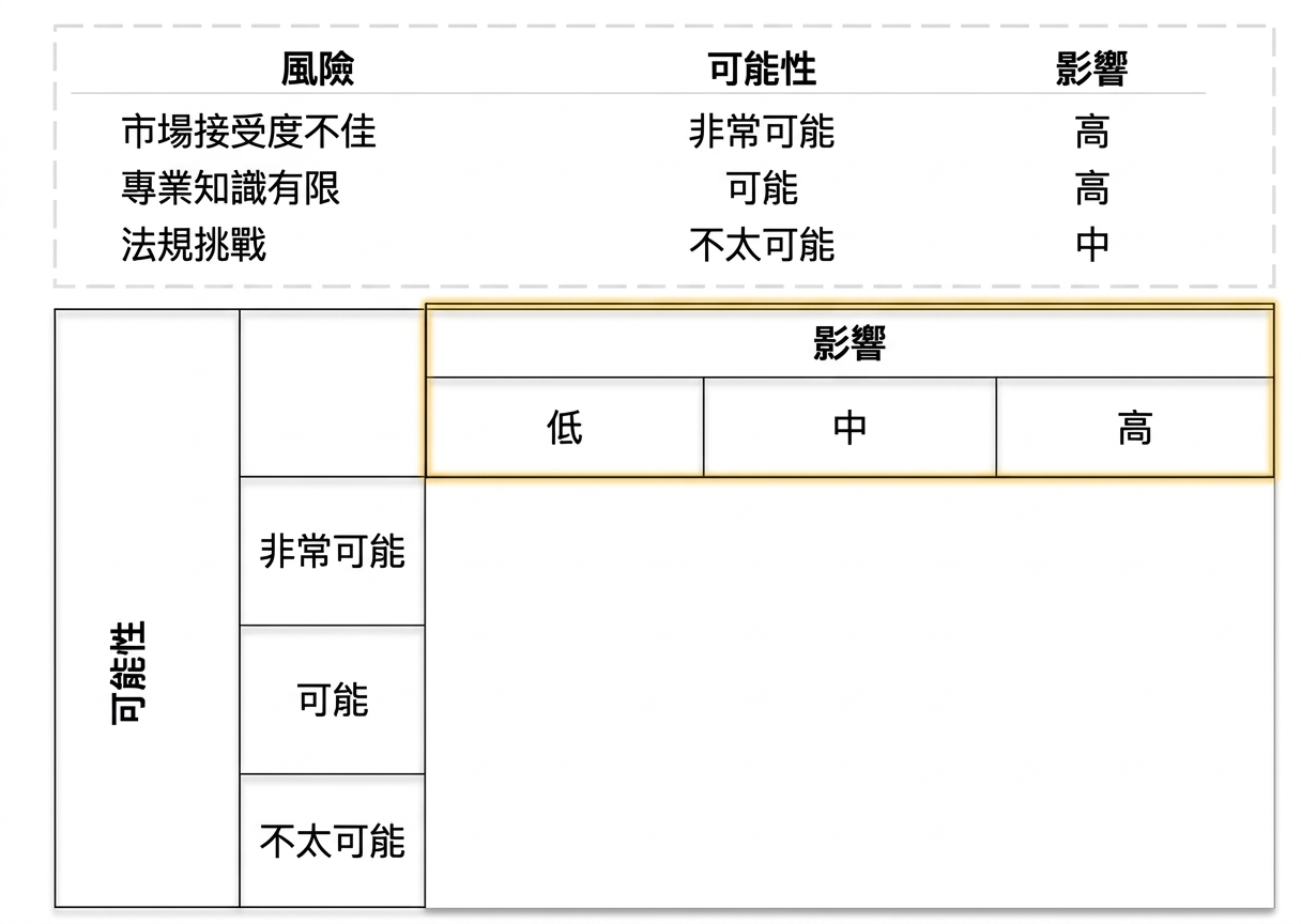 風險矩陣影像,「影響」列中的 low、medium、high 以黃色標示