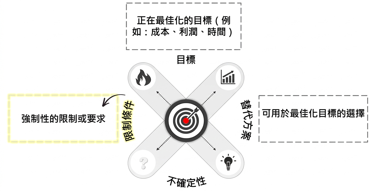 以目標靶為中心的決策圖。四支箭頭往外指向四個方向,指向「Constraints」的箭頭以黃色突顯