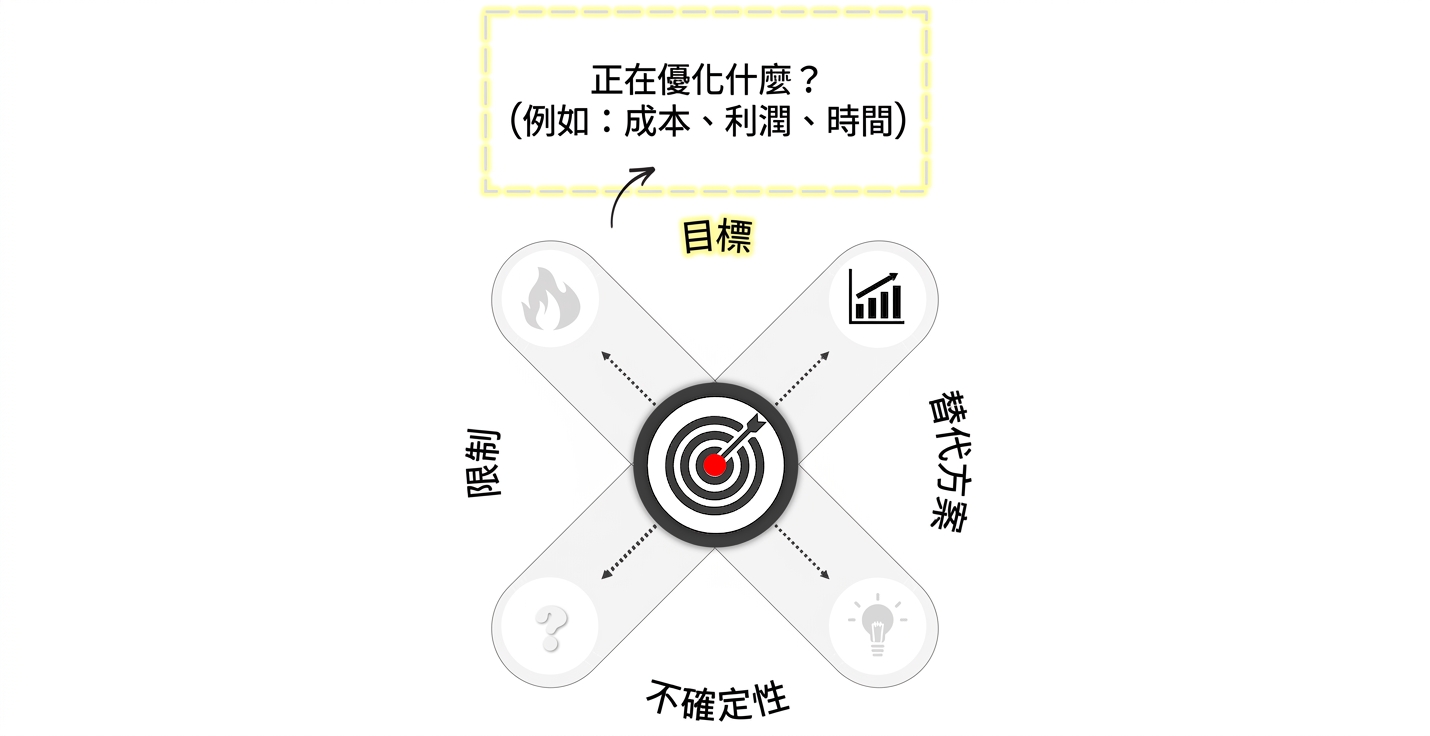 以目標靶為中心的決策圖。四支箭頭往外指向四個方向,指向「Objectives」的箭頭以黃色突顯