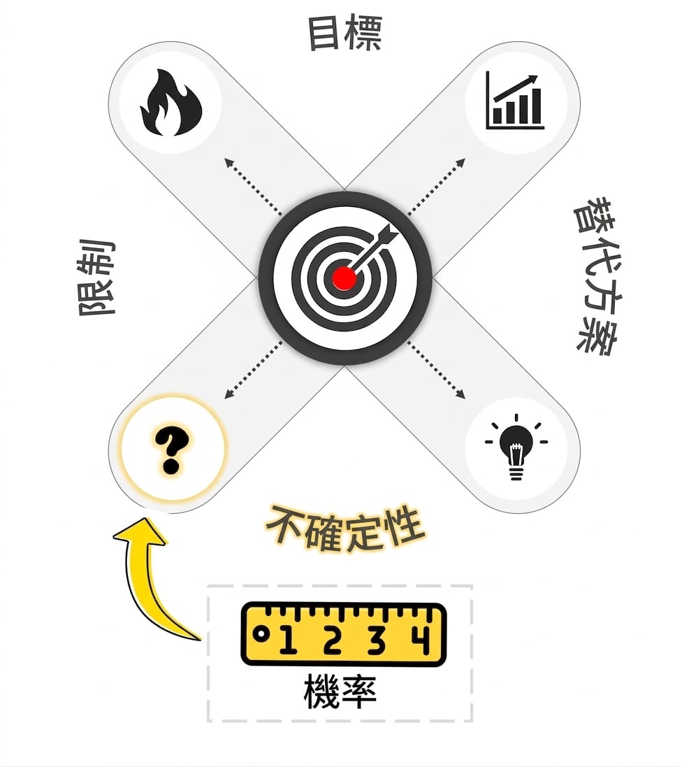以靶心為中心的決策示意圖。四個箭頭往四方延伸,各連到「目標」、「替代方案」、「限制」與「不確定性」(以黃色標示並有尺的圖示指向)