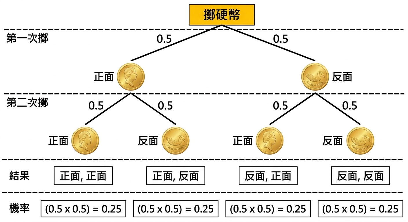 連續擲硬幣的決策樹,所有可能結果與各自機率以黃色標示