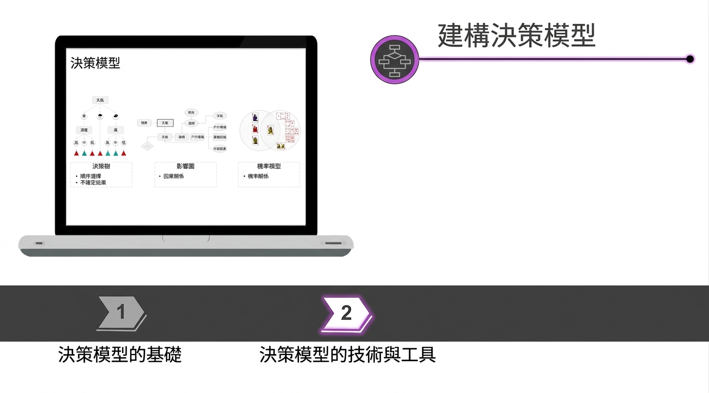 一本筆記本，螢幕上顯示決策模型投影片