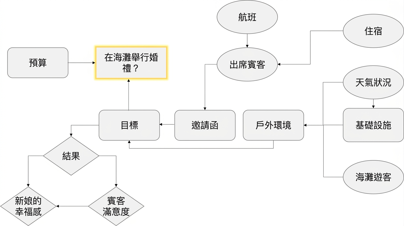 一張影響圖,顯示影響是否舉辦戶外海灘婚禮的所有構成要素