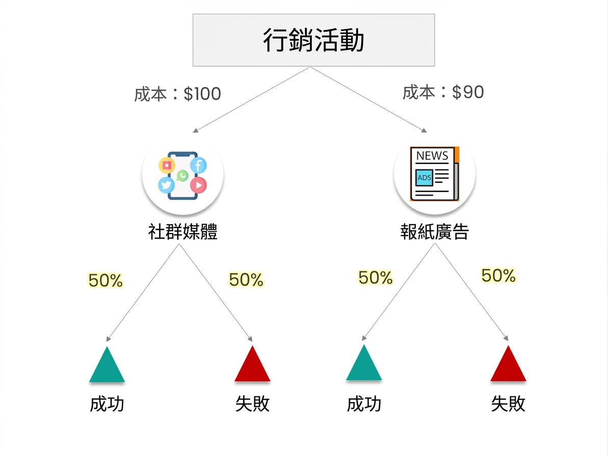 決策樹:行銷活動為根節點,替代方案為社群媒體與報紙廣告。各方案的成功與失敗機率皆標為 50%。