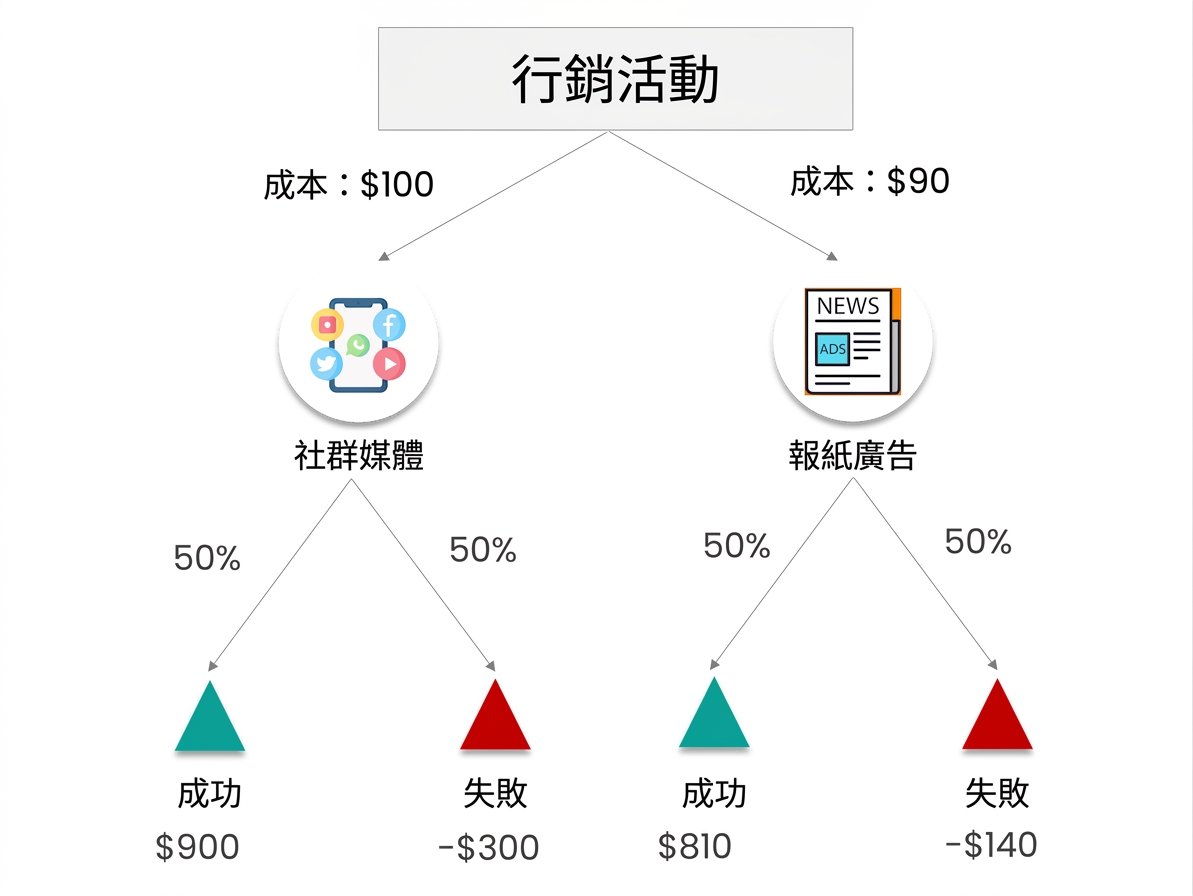 此問題的最終決策樹:包含替代方案、各方案的結果、其機率,以及更新後的獲利或損失值