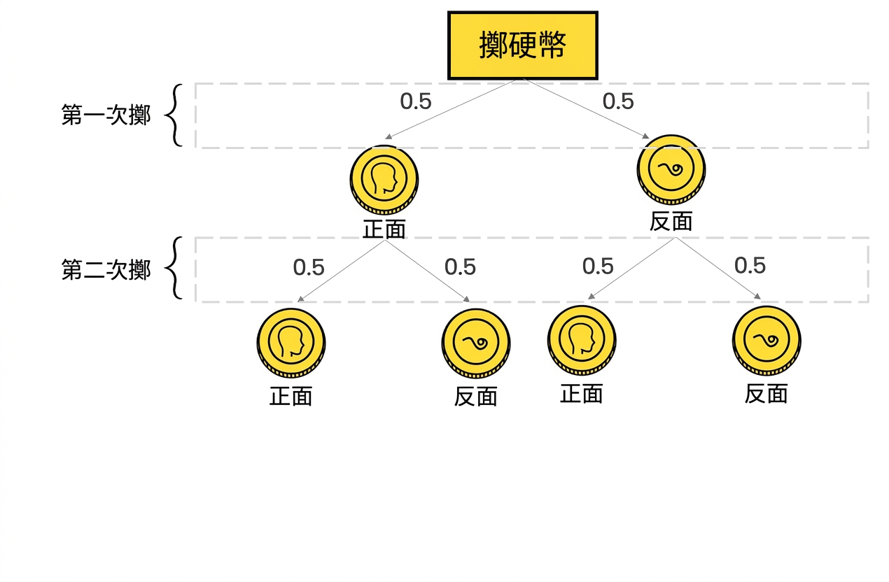 三層決策樹:第 1 層為擲硬幣;第 2 層結果為正面與反面;第 3 層為各自再擲一次的正面與反面。