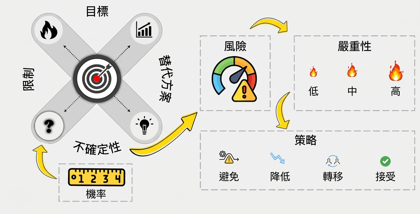 四個代表風險策略的圖示:避開(繞過障礙的曲線)、降低(向下箭頭)、移轉(雙向箭頭)與接受(綠色勾)