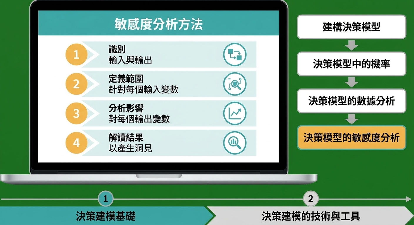 一本筆記本，螢幕上顯示敏感度分析步驟