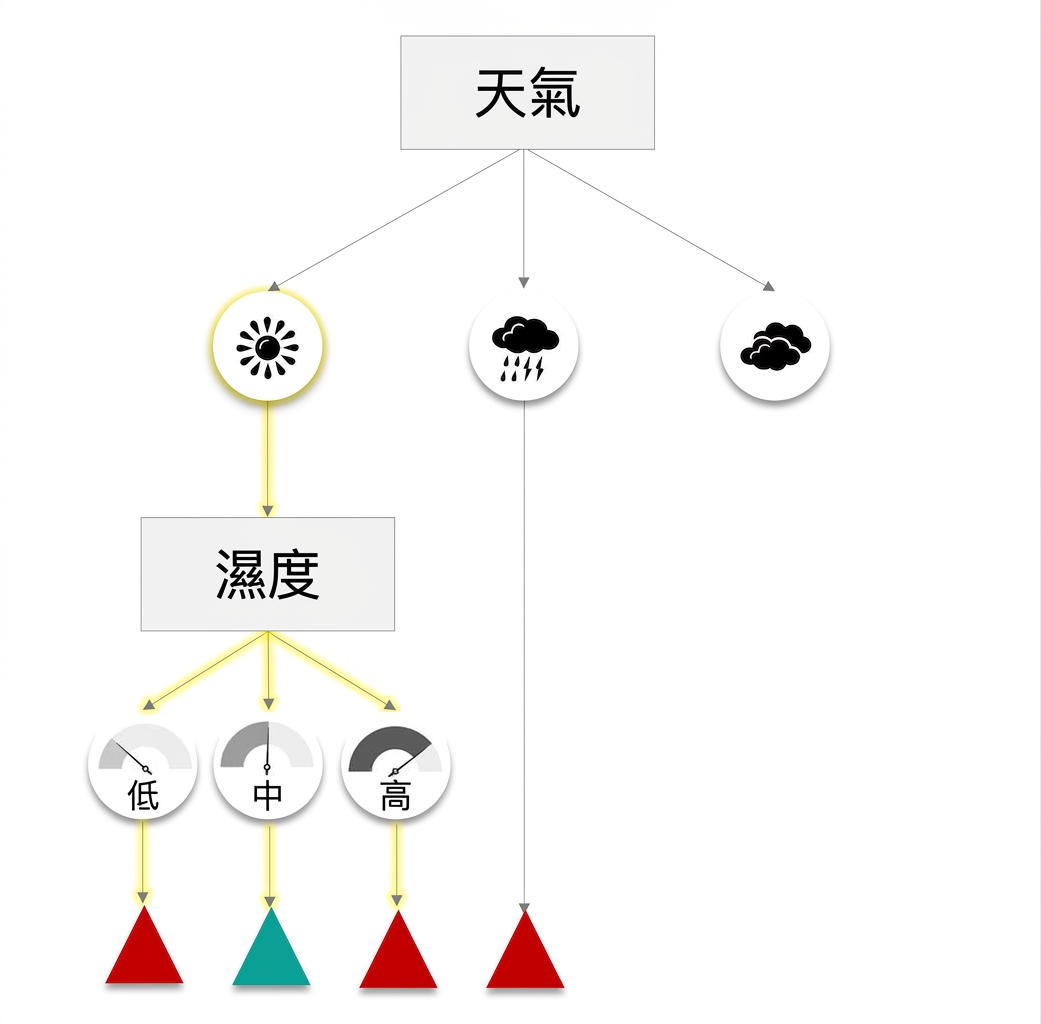 太陽圖示被標示,黃色路徑通往標籤 humidity,再分成 low、medium、high,分別導向不理想、理想與不理想的結果