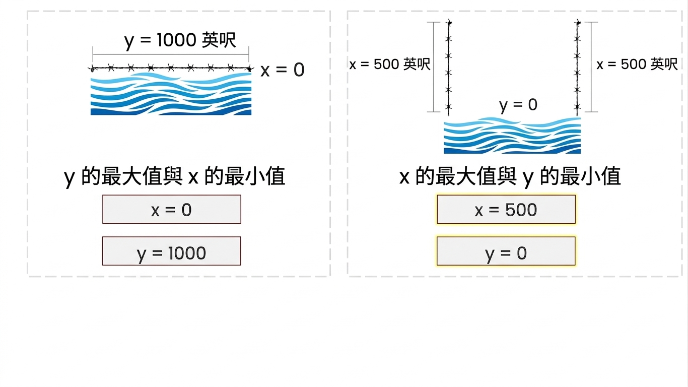 農夫長方形農地示意圖,x=500 呎,y=0