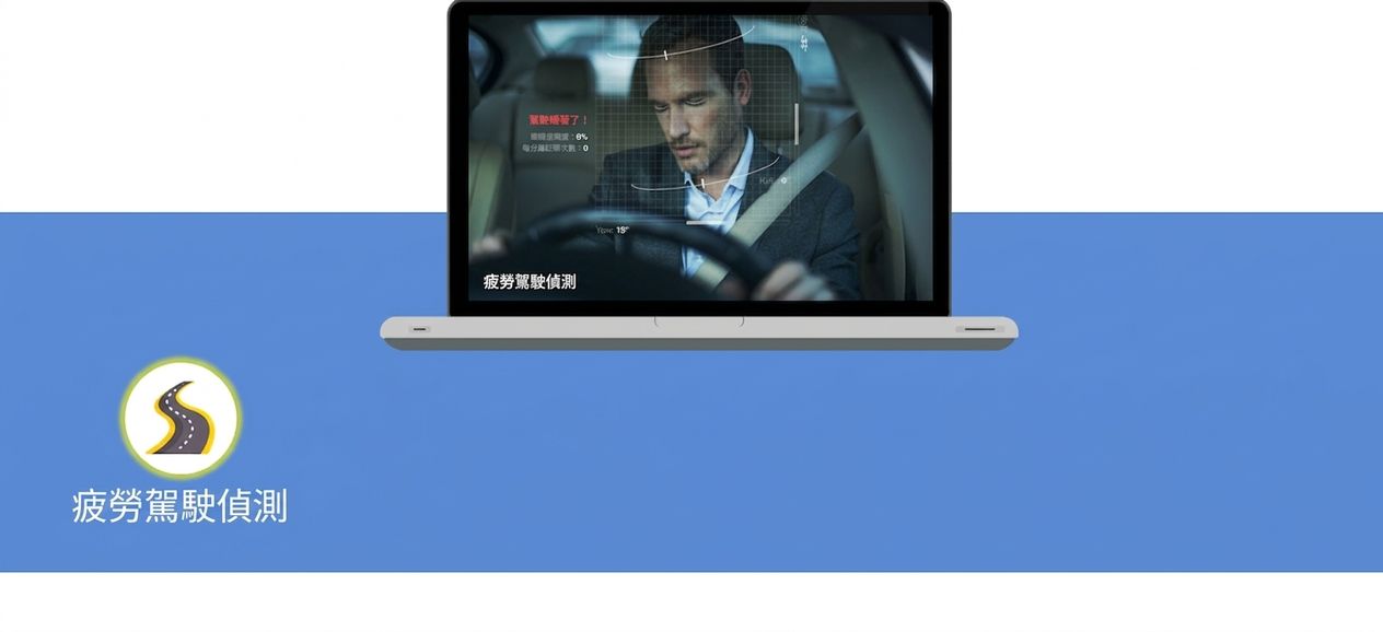 駕駛打瞌睡的圖像,並以黃色標示「drowsiness detection」字樣