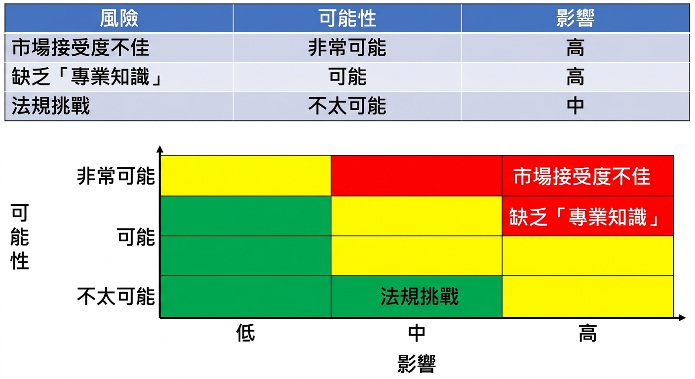 風險矩陣,將各風險依其機率與影響定位於格中