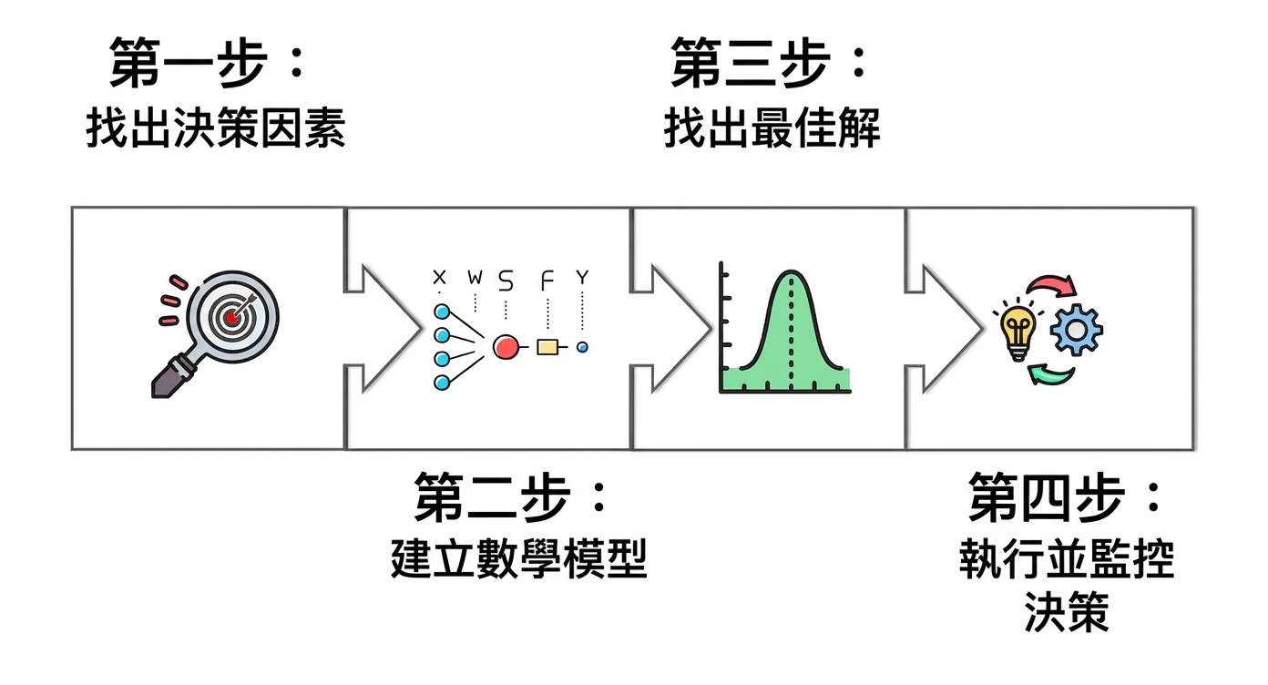 燈泡與引擎的圖示,標籤為 implement and monitor the decision