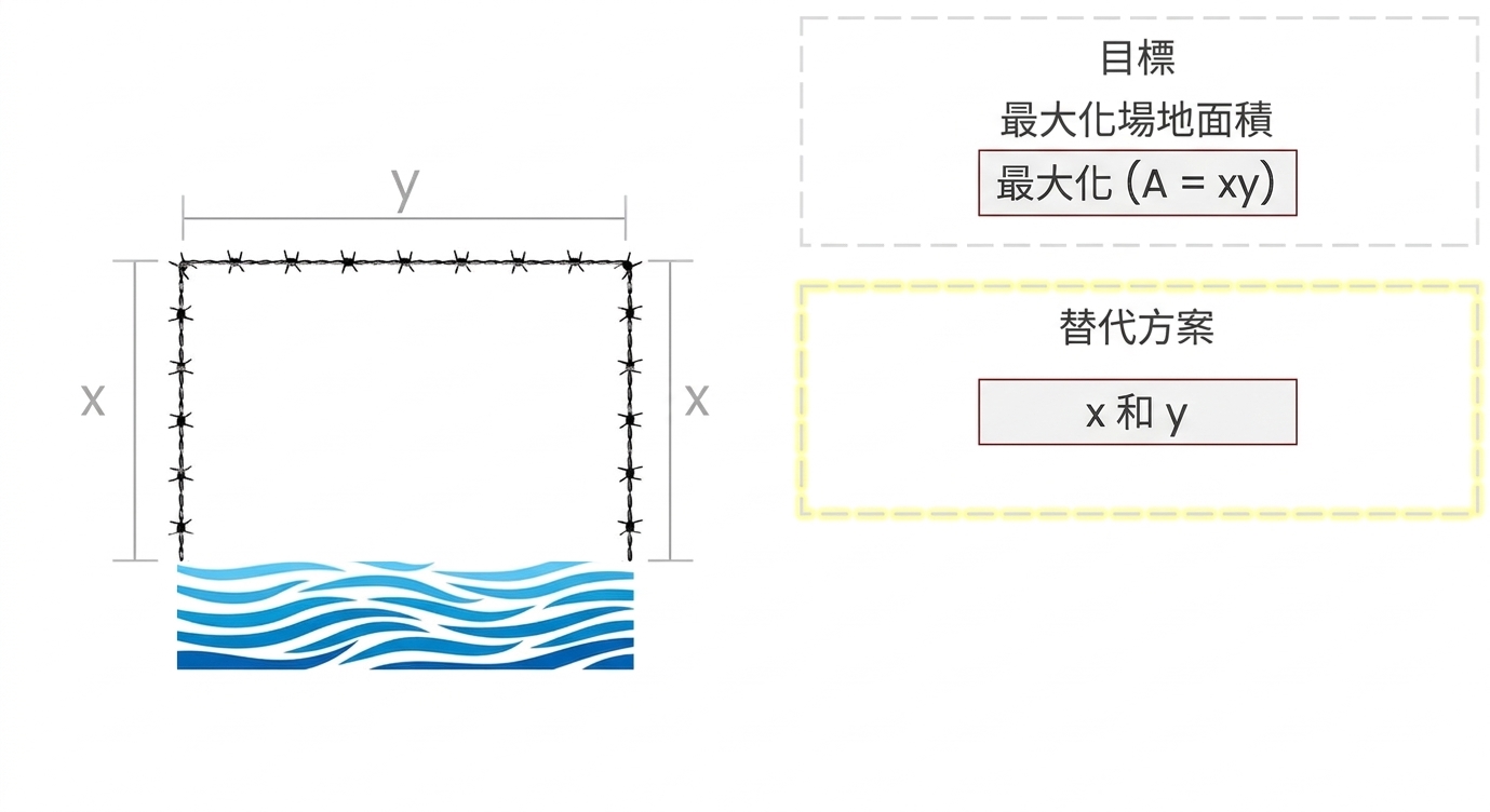 農夫長方形農地示意圖,側邊標記 x,上方標記 y