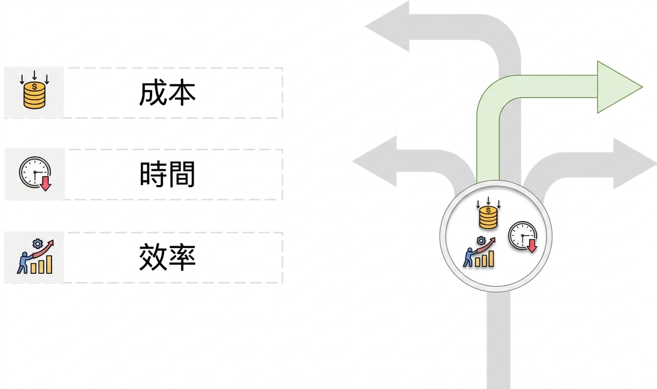 四支指向不同方向的箭頭,三支為灰色,一支為綠色