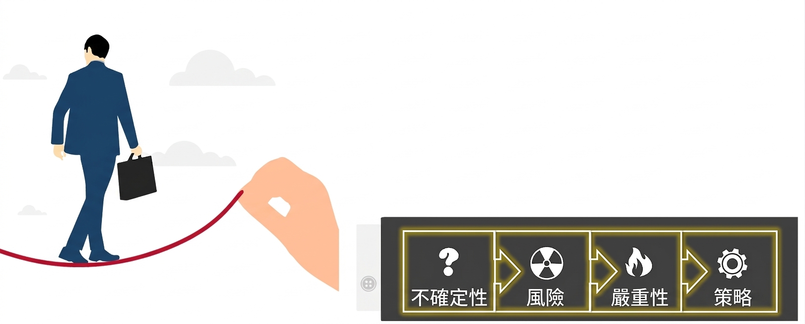 穿西裝的人手提公事包走在鋼索上。一隻巨手拉著鋼索。背景簡約並有幾朵雲。在巨臂上標示「不確定性、風險、嚴重性、策略」等字樣被突顯。