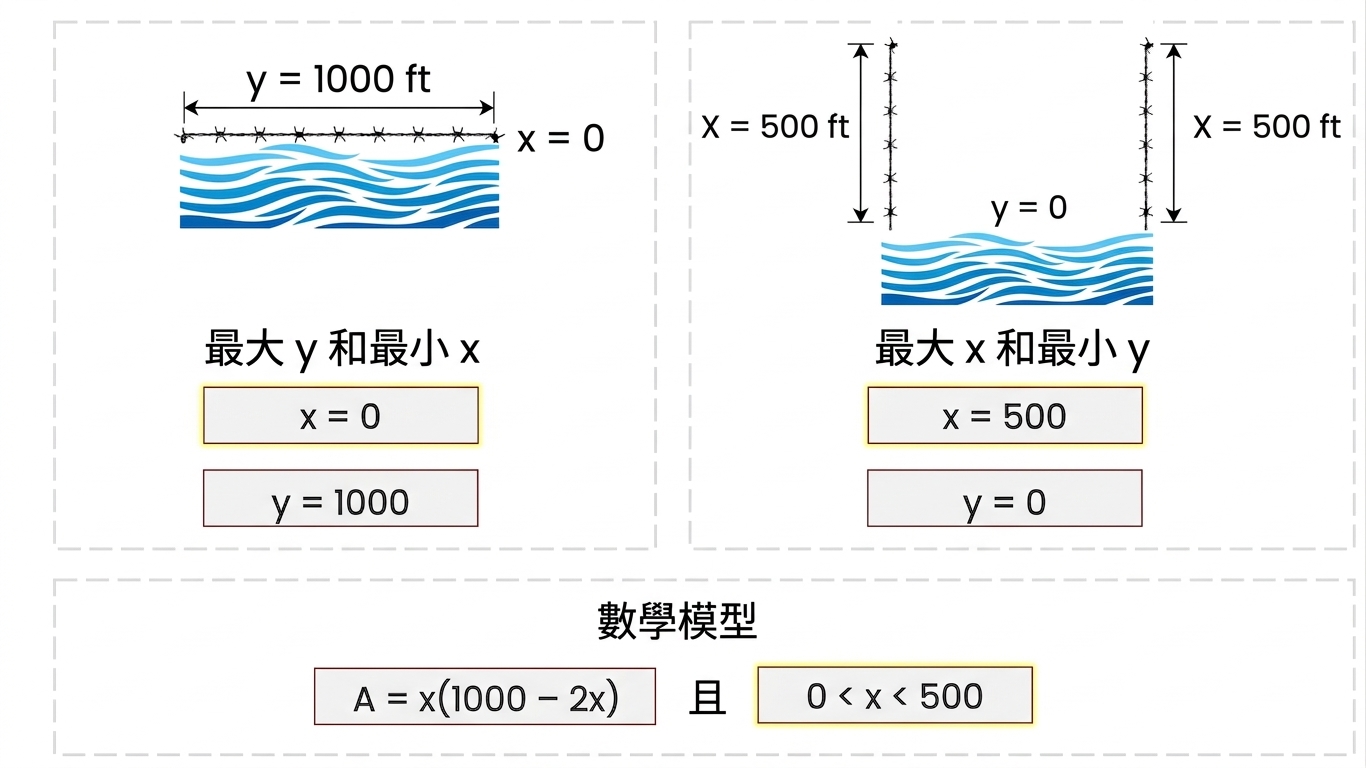 農夫長方形農地示意圖,x=500 呎,y=0
