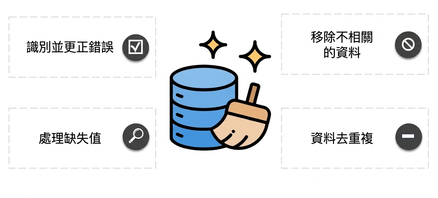 藍色圓柱形資料庫圖示,旁邊有清潔刷