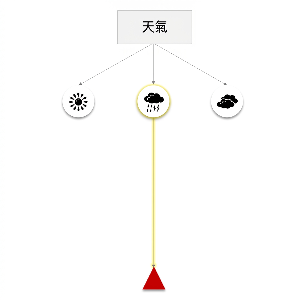 雨的圖示被標示,黃色路徑連到代表不理想結果的紅色三角形