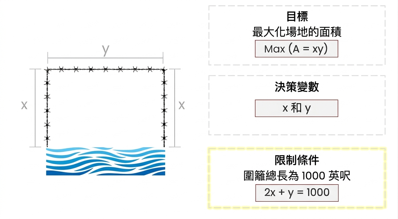 農夫長方形農地示意圖,側邊標記 x,上方標記 y