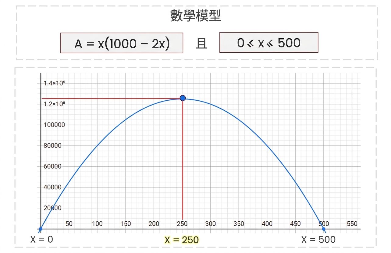 數學模型圖:拋物線,x 從 0 到 500;最佳點以紅色標示,x=250